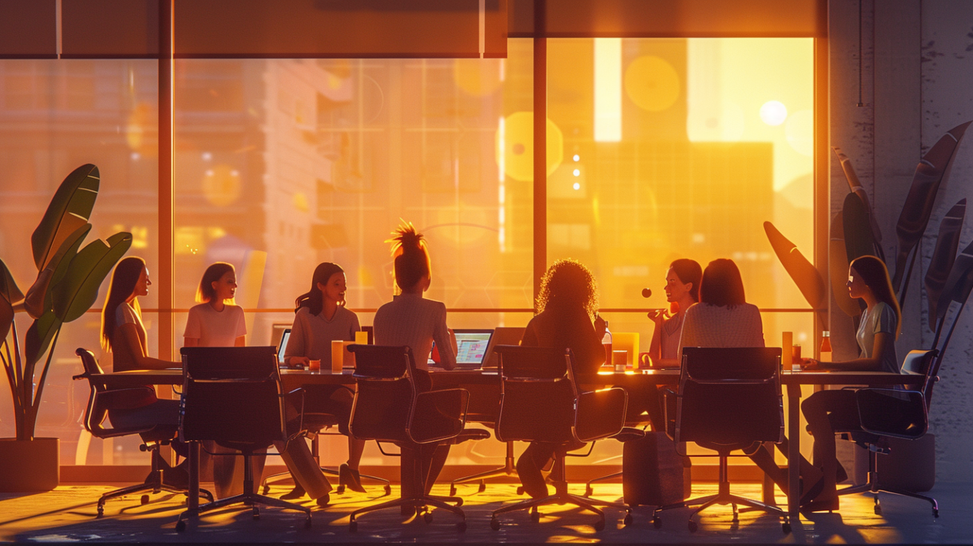 ### Texte Alt de l'Image

Des femmes entrepreneuses collaborant autour d'une table dans une salle de réunion moderne au coucher du soleil. L'ambiance chaleureuse et lumineuse met en valeur la dynamique et l'engagement des participantes, reflétant un environnement de travail créatif et collaboratif.